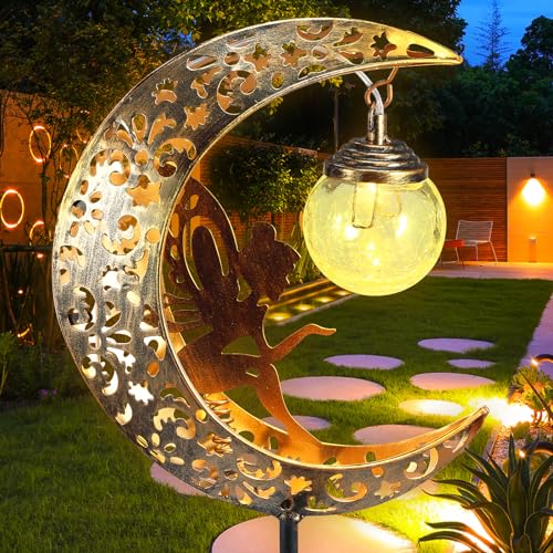Solar Moon Fairy Garden Lights, Crackle Glass Stake Lights Waterproof