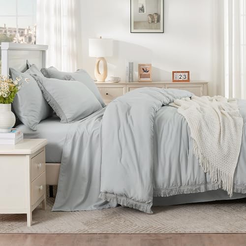 Image of Andency Light Grey Full Size Comforter Set with Sheets - 7 Pieces Boho Tassel Bed in a Bag Soft Lightweight Bedding Sets, Light Grey Fringe Bed Set with Comforter, Sheets, Pillowcases & Shams