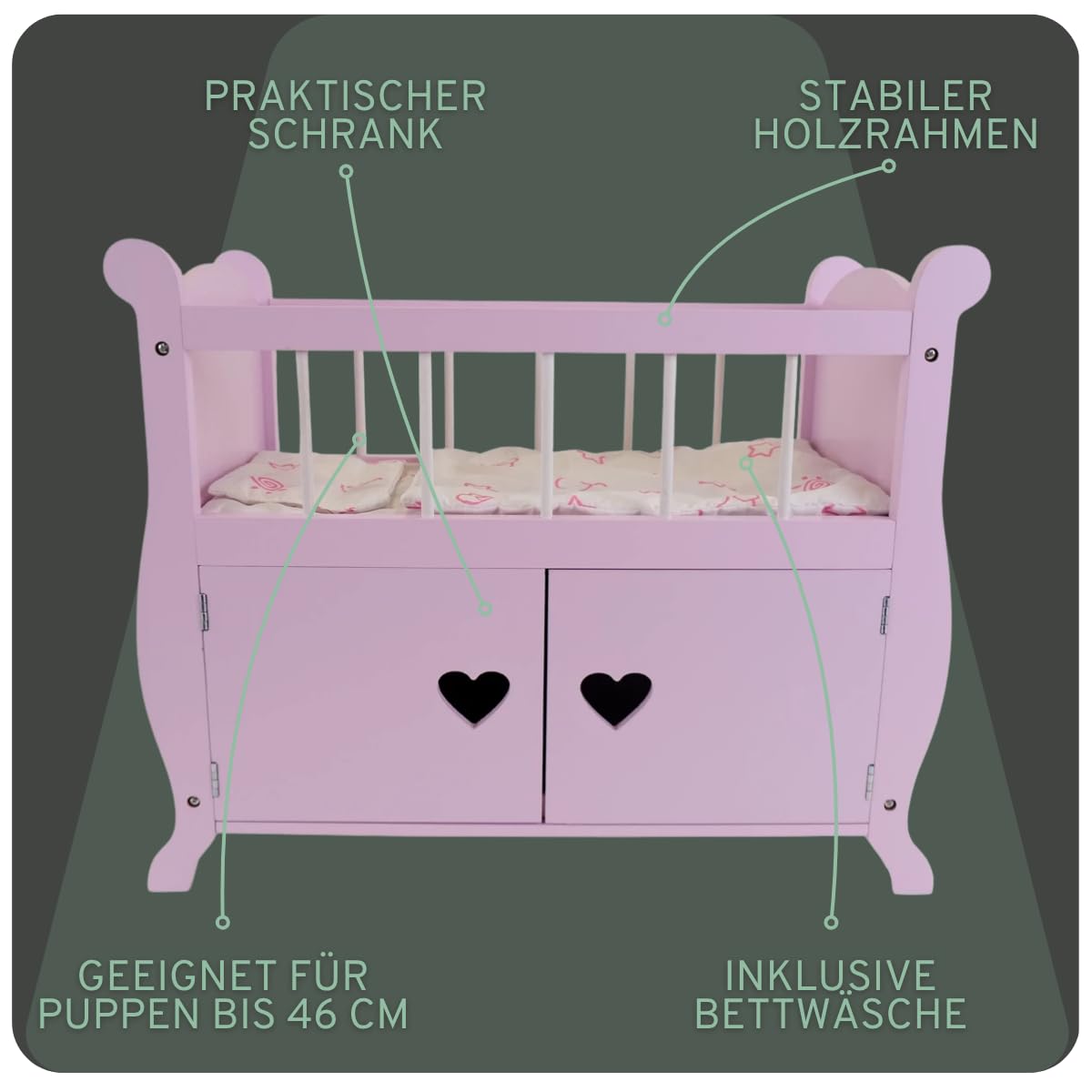 Bandits & Angels Puppenbett Sweetheart aus Holz mit Schrank rosa – Puppenbett aus Holz – geeignet für Puppen bis 46 cm – inklusive Decke – Puppenbett – Puppenmöbel