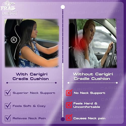 Image of Carigiri Cradle Car Neck Rest Cushion|1 Year Warranty| Memory Foam Neck Pillow| Seat Headrest Cushion| Car Neck Pillow for Neck Pain Relief in Office, Driving(Large+,Black,White Hemming,Pack of 1)