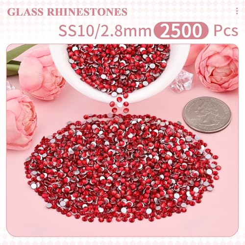 Image of 2500PCS SS10 /2.8mm Crystal Glass Rhinestones for Bedazzling (Red /Siam) | Flatback Rhinestones for Crafting DIY Nail Art Makeup Decoration, Gems Diomand Charms for Tumbler Shoes Clothing Mug