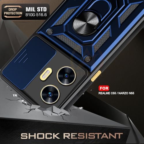 Image of Armor Bumper Back Cover Case for Realme C55 / Narzo N55 Rotating Camera Cover, Ring Holder & Kickstand | Heavy Duty & 360 Degree Protection Realme C55 / Narzo N55 Back Cover (Blue)