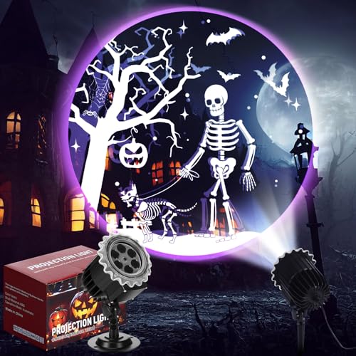 Lingvee Halloween Projector Light with 1 Film Slides Holiday LED Projector Lights Outdoor Reflectors Waterproof Landscape Decorative Rotation Lighting Movement Projection Lamp(Skeletons and Dogs)