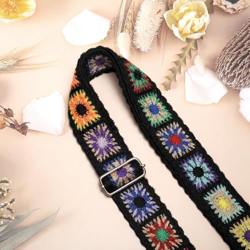 Image of Wide Purse straps Crochet Flower replacement crossbody for Handbag Adjustable Embroidery Knit Guitar Shoulder strap