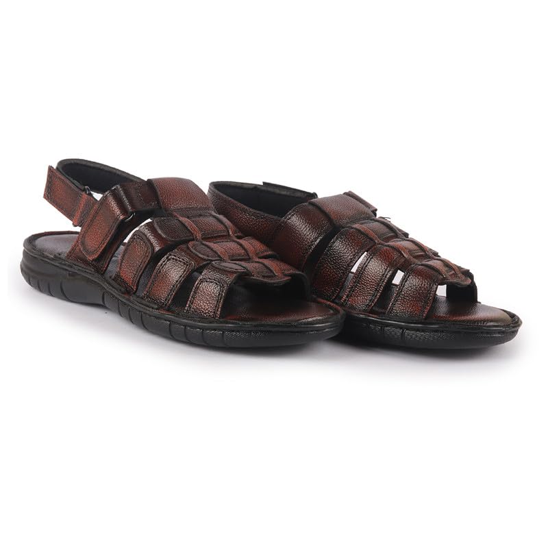 Image of FAUSTO Men Genuine Leather Multi Strap Open Toe Broad Feet Roman Sandals with Adjustable Back Strap | Slip Resistant Lightweight Sole