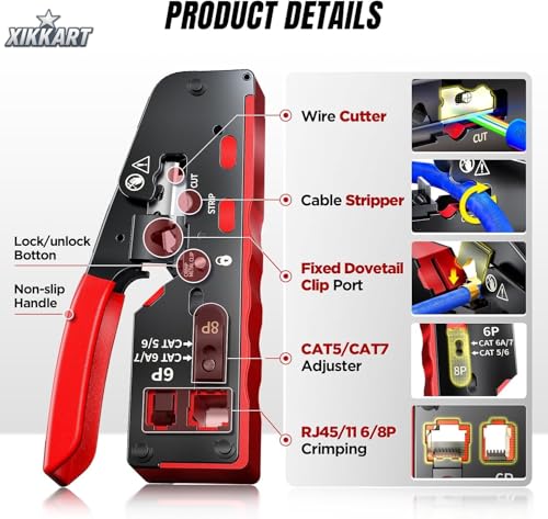 Image of XIKKART RJ45 Crimping Tool Kit - All-in-One Passthrough Ethernet Crimper for Cat5 /Cat6 /Cat7 - Includes Network Cable Tester with Battery, 10pc Cat6 Pass-Through Connectors & 10pc Boots(Multicolor)