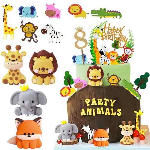 Decoration Gateau Animaux 8 Ans, Décoration Gteau Anniversaire Garçon 8er, Safari Jungle Deco Gteau Cake Cupcake Topper pour Enfant Fille Garçon Anniversaire