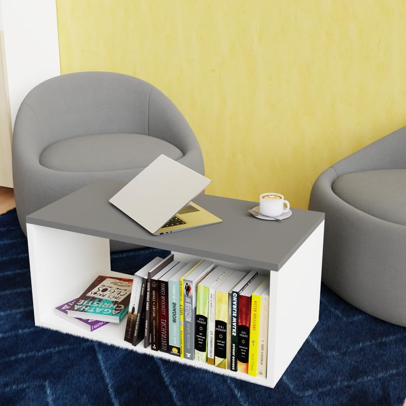Image of Wooden Coffee Table for Living Room | Centre Table | Tea Table | Small Side Table | Center Table for Drawing Room | Modern Home Furniture Table | Color-White & Grey | Size-90x50x45 Cm