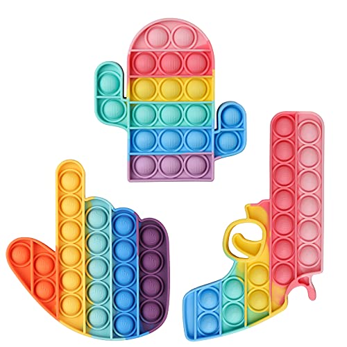 HoneyAKE Pop Fidget Sensory Toys, Soft Silicone Squeeze Toy for Training Logical Thinking and Help Restore Emotions, Anti-Anxiety Tool for Kids and Adult (3PCS+Pistol + Cactus + Finger)