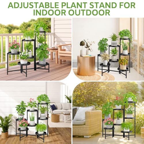 Image of iDavosic.ly 7 Tier Large Plant Stand Indoor with 10 Inch Wide Tray, Tiered Corner Metal Outdoor Flower Display Holder Shelf, Folding Tall Rack for Patio Porch Living Room, Modern Black