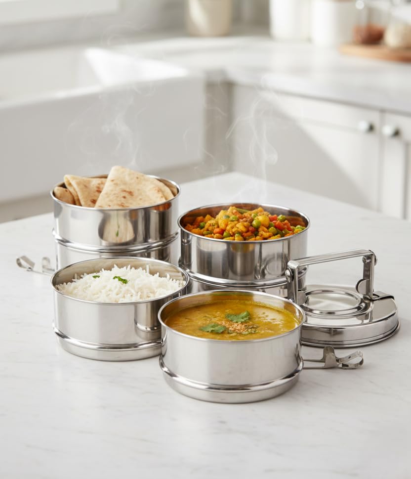 Image of WEKTU Stainless Steel Tiffin Box, 5 Tier Lunch Container with Locking Clips, Leak-Resistant Food Storage for Office, School and Travel