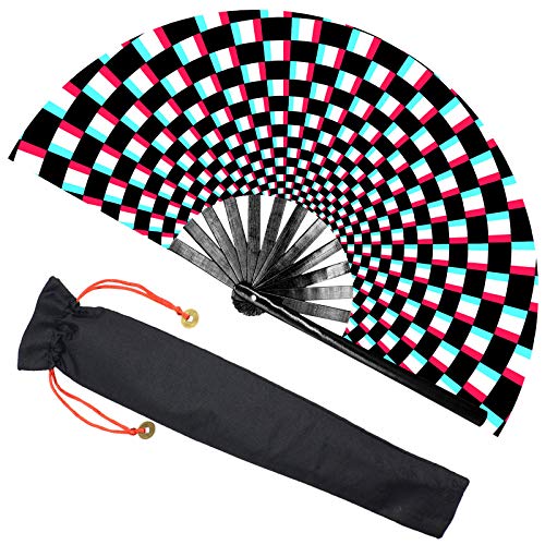 Zolee Large Rave Folding Hand Fan with Bamboo Ribs for Men/Women - Chinese Japanese Handheld Fan with Fabric Case - for Dance Music Festival Party, Performance, Decorations, Gift (Trippy Checkered)