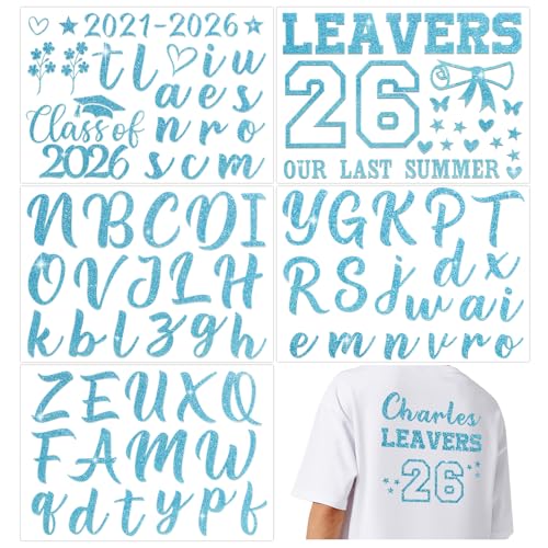 DOORIO 5 Sheets 2026 Leavers Iron on Transfers Class of 2026 Transfer Names Glitter DIY Leavers Shirt Decoration Graduation Transfers for Clothing T-Shirts Backpacks Jerseys (Lignt Blue)