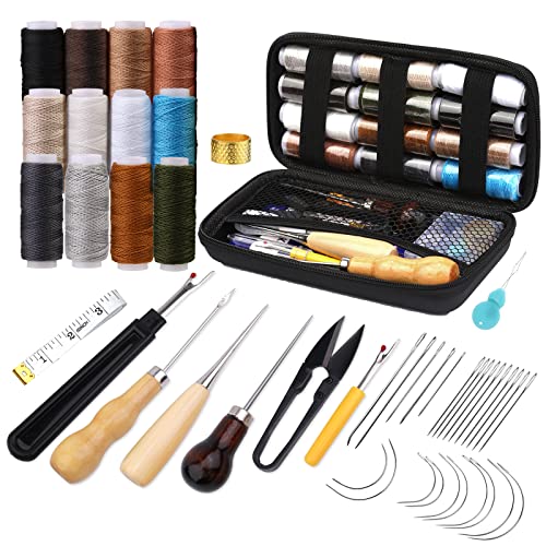NAMOON Leather Sewing Kit, Upholstery Repair Kit, 48pcs Heavy Duty Sewing Kit with Stitching Needles, Sewing Awl, Seam Ripper