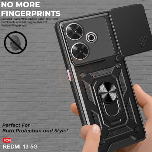 Image of Armor Bumper Back Cover Case for Redmi 13 5G / Poco M6 Plus 5G Rotating Camera Cover, Ring Holder & Kickstand | Heavy Duty & 360 Degree Protection Back Cover (Black)
