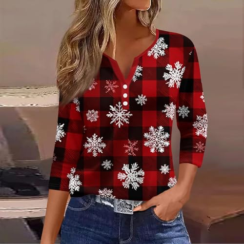 Image of Women Christmas Shirt 3 /4 Length Sleeve Henley Tops Xmas Outfits