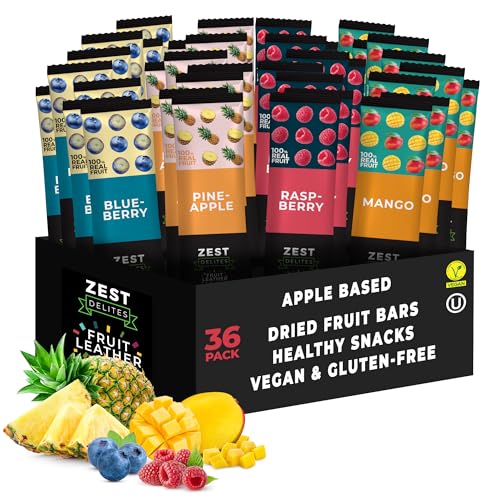 Zest Delites Aperitivos de Fruta, Frutos Secos, Snacks Saludables, Vegano, Sin Gluten, Basado en Manzana, Fruta Fresca, Piña, Mango, Arándano, Frambuesai 36 x 25g