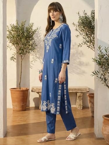 Image of INDO ERA Women's Viscose Rayon Floral Embroidered Straight Calf Length Kurta & Pant Set (IEAI11741)