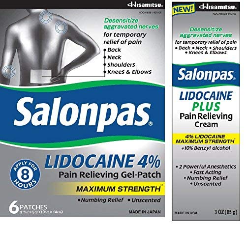 Salonpas LIDOCAINE Gel-Patch and LIDOCAINE PLUS 3 oz Pain Relieving CREAM! Maximum Strength Pain Relieving BUNDLE PACK with 4% Lidocaine for Numbing Relief!
