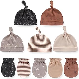Ecojoy Newborn Baby 5 Hats and 5 Pairs Anti-Scratch Mittens for Babies Boys and Girls,Ages 0-6 Months 100% Cotton