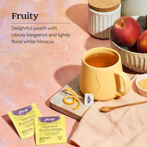 Yogi Tea Bright Peach Positive Energy Tea - 16 Tea Bags per Pack (4 Packs) - Organic Tea to Support Focus & Energy - Includes Oolong Tea Leaf, White Hibiscus Flower, Rose Hips & More