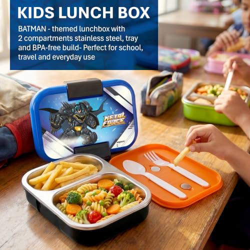 Image of Nayasa Marco Batman Print 2 Compartment Stainless Steel Insulated Lunch Box for Kids Boys | Vacuum Sealed Leak Proof Tiffin Box | 650 ml | Black & Blue