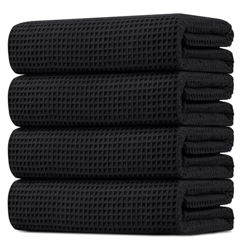 HOMEXCEL Waffle Bath Towels Set 4 Pack, Premium Microfiber Bathroom Towels, Lightweight, Highly Absorbent and Quick Dry Towel for Bathroom, Gym, Shower, Hotel, and Spa, 30 x 60 Inch, Black