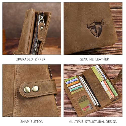 Image of Genuine Crazy Horse Leather Travel Gift Coin Pocket Card Case Long Organizer Chain Rfid Wallet Purse With Snap For Men Male 1803 1815 (1803 Brown 26b)
