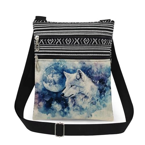 Wolf & Moon Print Men Crossbody Bag Adjustable Unisex Shoulder Bag with Zipper Closure Wilderness Lovers Gift Woman Wolf Lovers Gift Messenger Bags