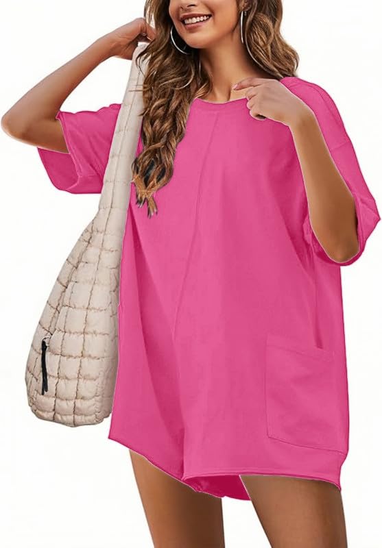 Sukiglam Combinaison Femme Été Manches Courtes Combishort Col en V Dos Nu Jumpsuit Casual Loose Salopette Short Chic et Élégant Grande Taille Une Pièce...