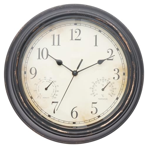 Outdoor Clock with Thermometer and Hygrometer Combo Wall Clock Waterproof Indoor Outdoor Wall Clocks Vintage Battery Operated for Patio Garden Pool Living Room Bathroom Decor 11.8 Inch