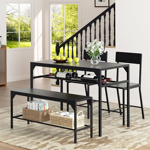 Shintenchi Kitchen Table Chairs Set of 4, Dining Table Set for 4 with Bench and Chairs, 4 Pieces Kitchen Table Set with Storage Rack & Metal Frame for Small Space, Black - Image 8