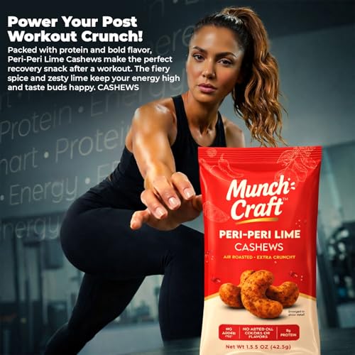 Image of Munch Craft Gourmet Peri-Peri Lime Cashews - Perfectly Balanced Flavor (Smoky Heat & Zesty Lime) - Extra Crunchy Air-Roasted Nuts, Oil-Free - No Artificial Colors or Flavors - 4.4 oz (125g) Resealable Bag