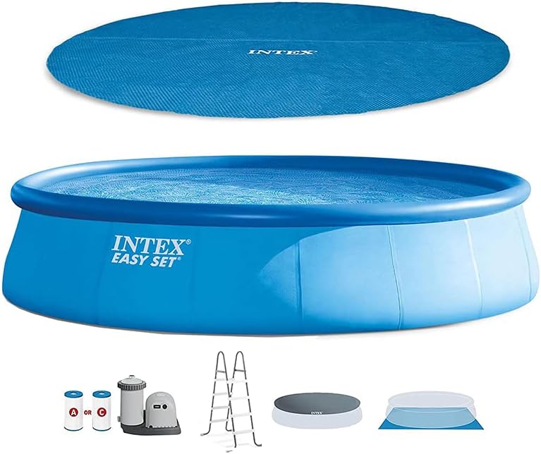 Intex Easy Set 18' x 48" Inflatable Swimming Pool Set Including 1500 GPH Cartridge Filter Pump, and Removable Ladder Bundled with Solar Pools Cover