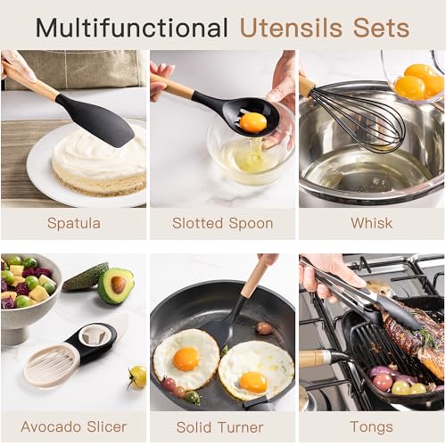Astercook 39 PCS Kitchen Utensils Set, Silicone Cooking Utensil Sets with Wooden Handle, 446°F Heat Resistant Food Grade Spatula Set, BPA Free Kitchen Gadgets Tools Set & Spoons for Nonstick Cookware by Astercook - Image 6