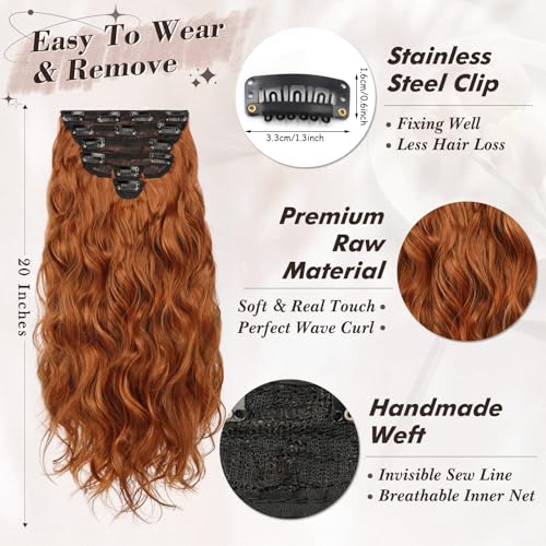 BARSDAR Clip in Hair Extensions, 20 Inch Wavy Copper - Image 3