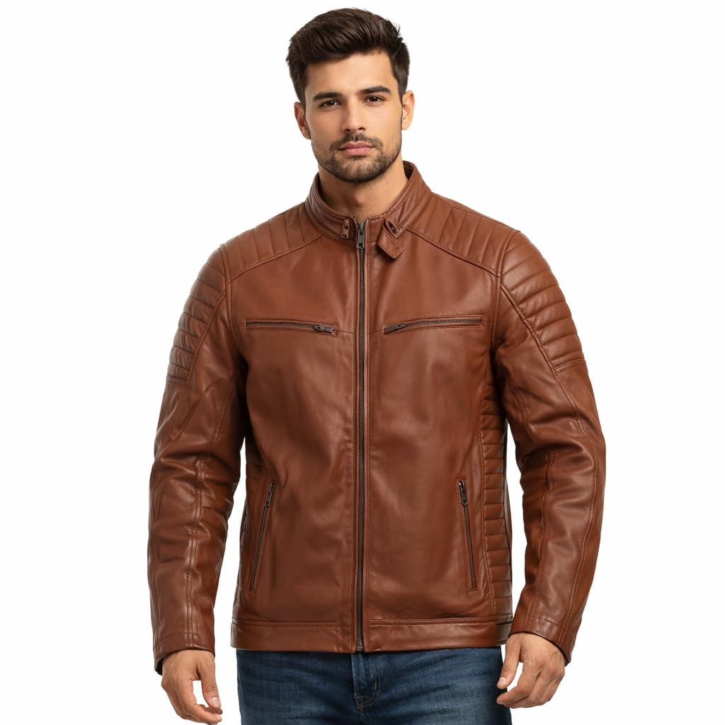RATS STAND COLLAR LEATHER JACKET カウレザー Buy Mens Leather Jacket, Cognac Brown, Quilted Shoulders, Stand