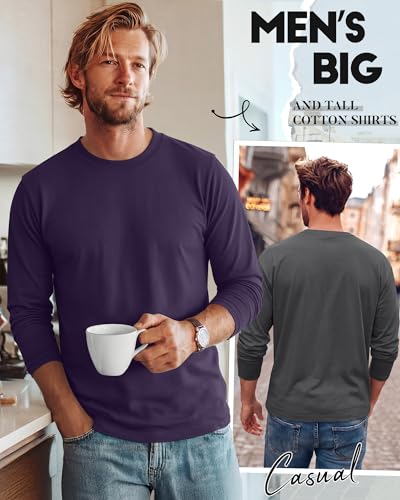 Image of August Alley 4 Pack Men's Big and Tall Cotton Shirts L-7XL, Long Sleeve Oversized Tops Loose Casual Large T-Shirts Basic Tee
