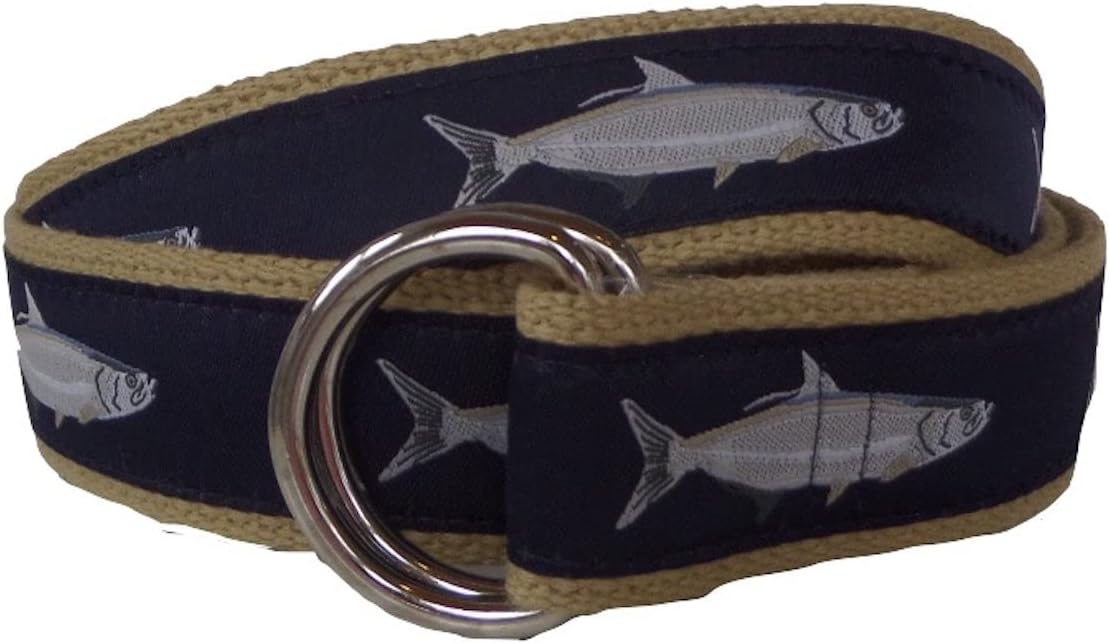 No27 Mens Nautical Tarpon Fish D-Ring Style Belt, Ribbon Belt, Webbing Belt, Fish Belt