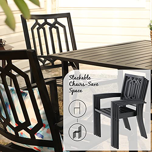 Image of PHI VILLA 7 Pcs Outdoor Dining Set& 64 inch Rectangular | Metal Table w / Umbrella Hole and 6 Stackable Dining Chairs.Perfect for Patio, Garden, Deck, Porch, and Yard