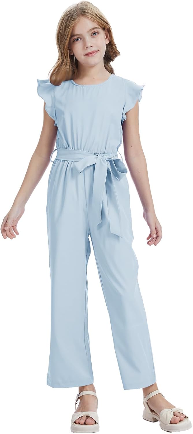 Girls Casual Jumpsuit Kids Fashion Cap Sleeve Belted Wide Leg Romper One Piece Outfits with Pockets - Image 2