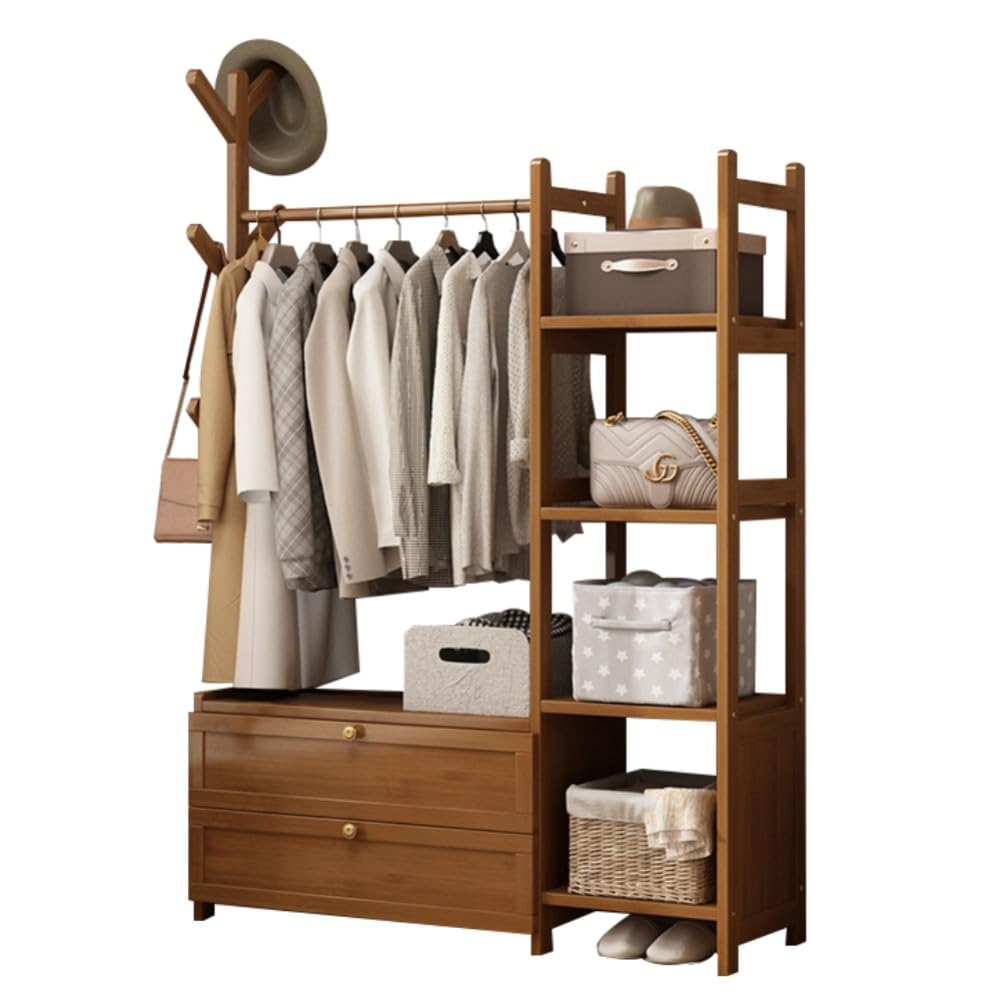 Dodobd A Modern Open Wardrobes For Bedroom,Wooden Clothes Rail With Drawers,Bamboo Clothes Rail,Wooden Wardrobes For Bedroom,Small Wardrobes For Bedroom,Free Standing Garment Rack