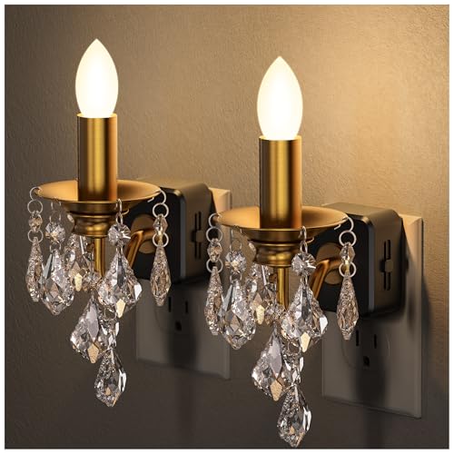 Image of Chandelier Night Lights Plug into Wall, LED Warm Night Light with Dusk to Dawn Sensor, 0-100LM Dimmable, Decorative Gold Candle-Style Nightlight for Bedroom, Bathroom, Hallway, Stairway, 2 Pack