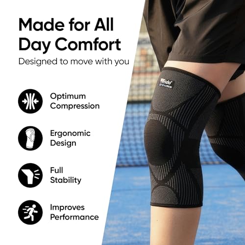 Image of Frido Active Knee Cap Support for Men & Women | Active Compression for Pain Relief & Joint Support | Knee Sleeve for Gym, Running, Jogging, Sports & Workout | Anti-Sweat Knee Brace (1 Pair) Core Black, L