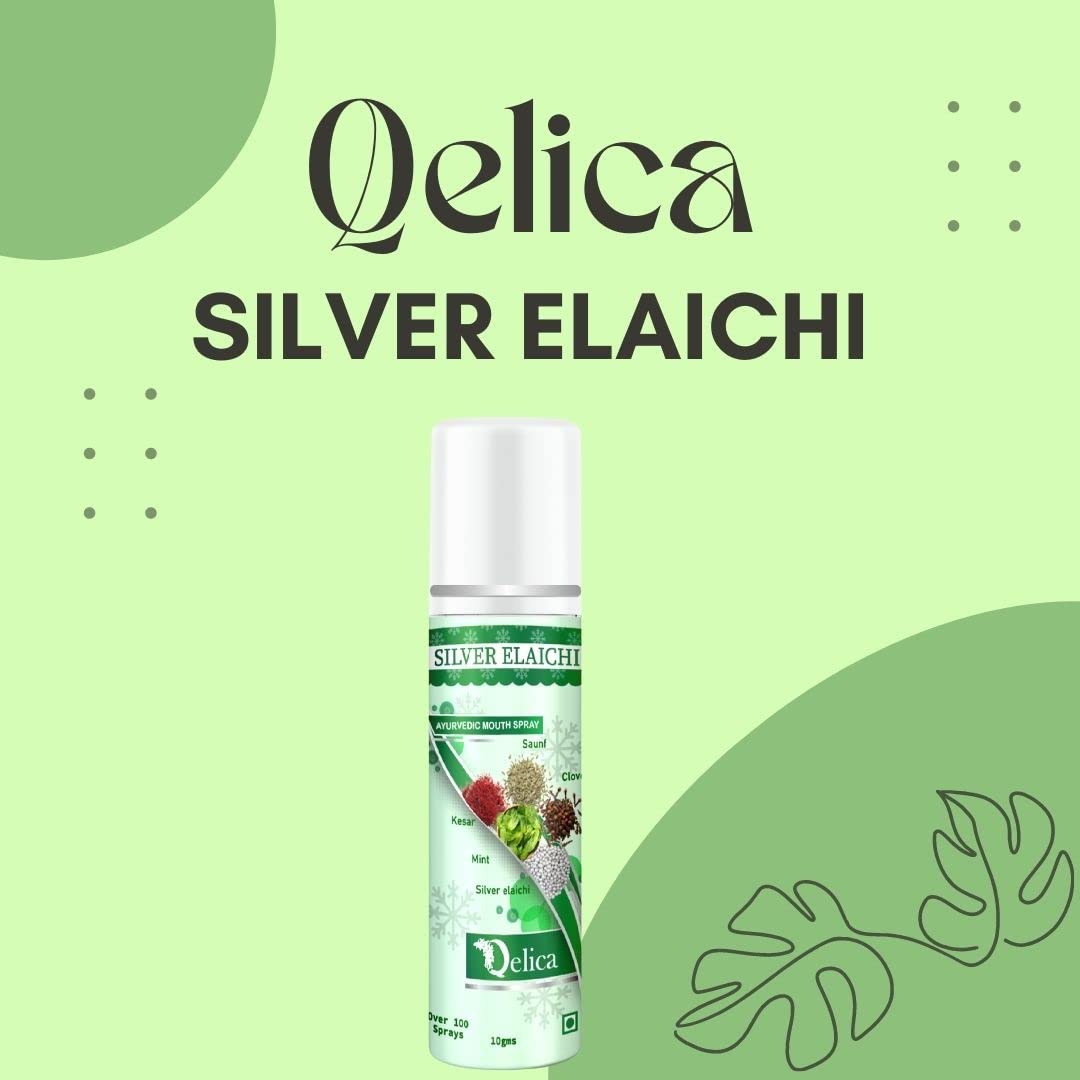 Qelica Silver Elachi Ayurvedic Mouth Spray for Oral Hygiene Fresh Breath 100+ Spray for Men and Women Long Lasting, Pocket Friendly Pure & Natural