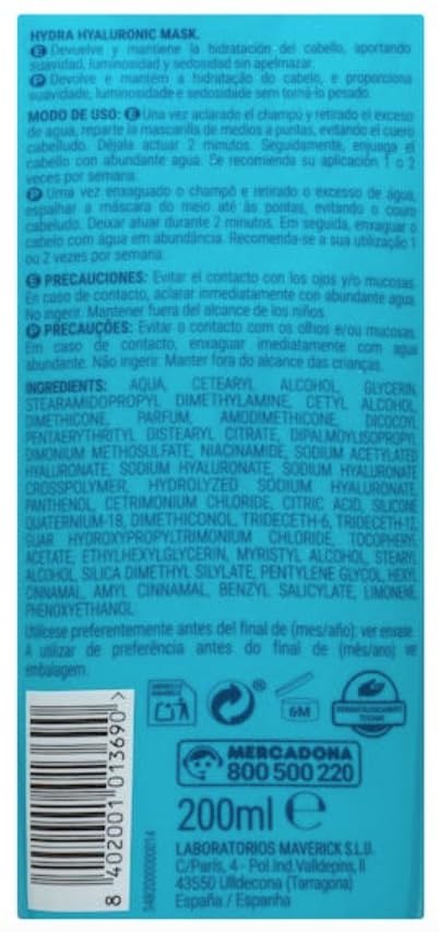 Mask Hydra Hyaluronic Conditioner 200 ml. normal to dry hair with Hyaluronic Acid, Niacinamide and Provitamin B5. Deliplus - Image 2