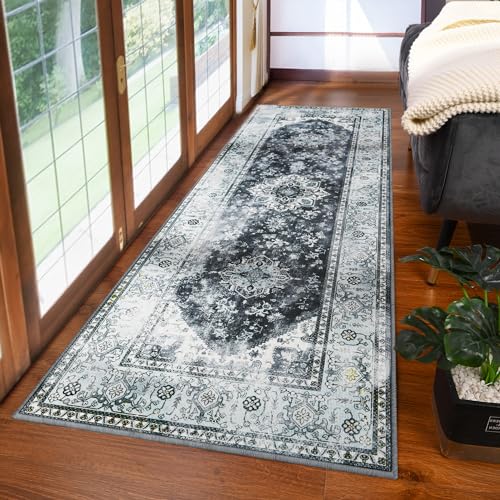 YJ.GWL Area Rug 2x6, Machine Washable Hallway Runner Rug, Boho Floral Vintage Distress Print Pattern Carpet, Low Pile Lightweight Thin Rugs for Entryway, Kitchen and Corridor, Blue/Grey