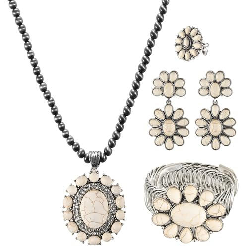 JMScape 4 PCS Western Turquoise Jewelry for Women Boho Vintage Navajo Pearl Necklace Earring Bracelet Ring Set Country Cowgirl Accessories for Gift (A-White) by JMScape - Used condition - US$14.36