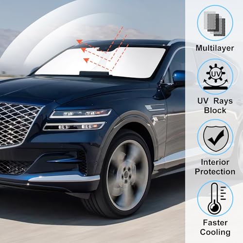 Image of Windshield Sun Shade Custom Fit for 2021 2022 2023 2024 2025 2026 Genesis GV80 Accessories Foldable Sunshade Sun Blocker Protect Car from Sun Rays & Heat Damage Keep Car Cooler
