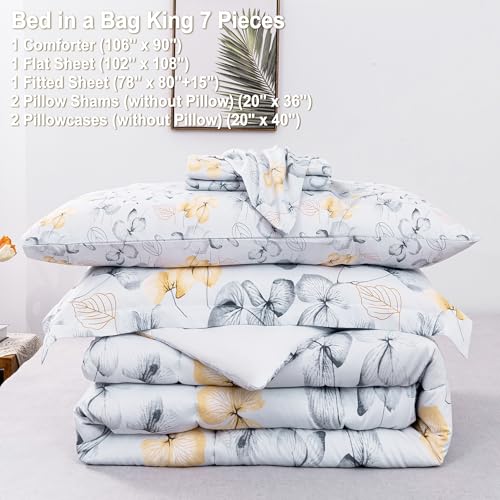 Image of lasoftan Floral King Comforter Set with Sheets, 7 Piece Luxury Vintage Bedding, Soft Microfiber Bed in a Bag, Cozy Lightweight Bed Set, Grey Yellow Leaves